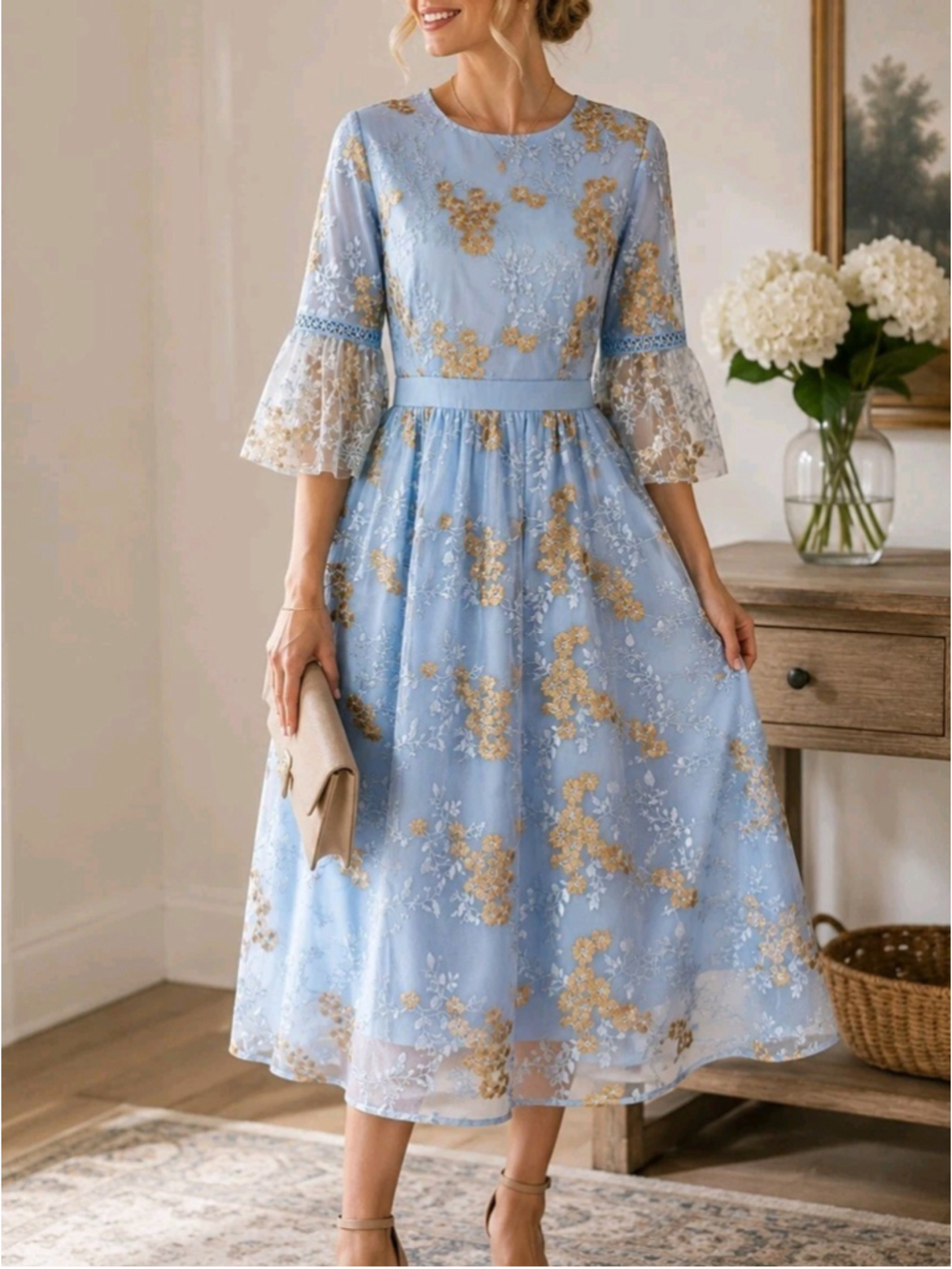 Polagram Blue Floral Embroidered Mesh Tulle Midi Dress NWT Sz S Short Bell Sleev - Picture 2 of 12